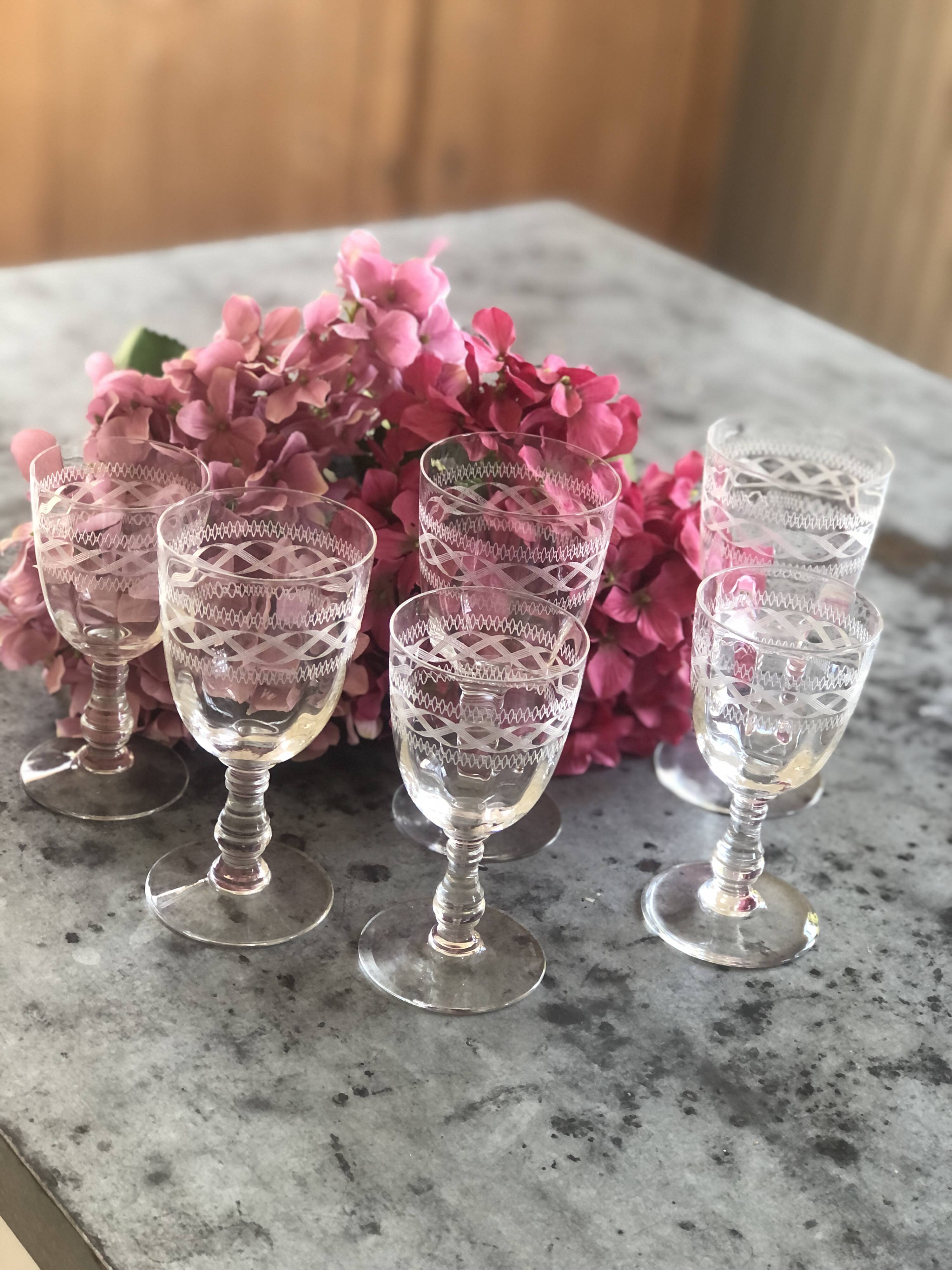 6 old engraved crystal glasses