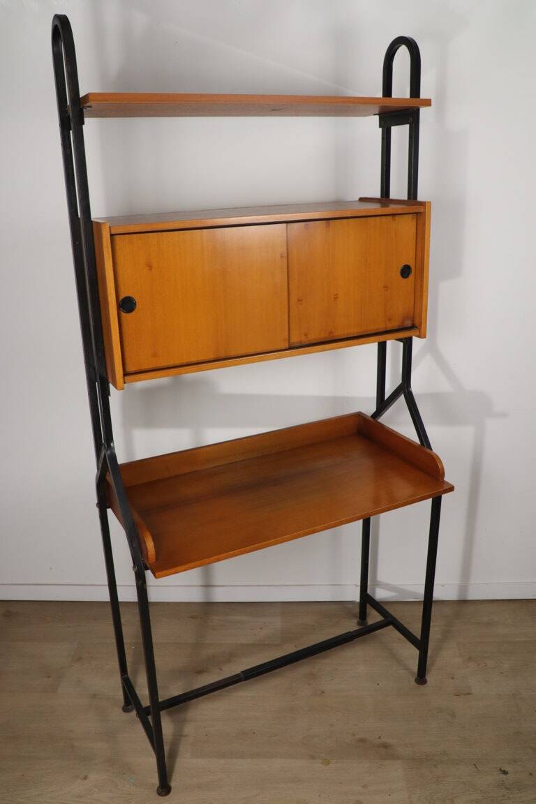 Vintage desk with modular bookcase in wood and metal, 1960