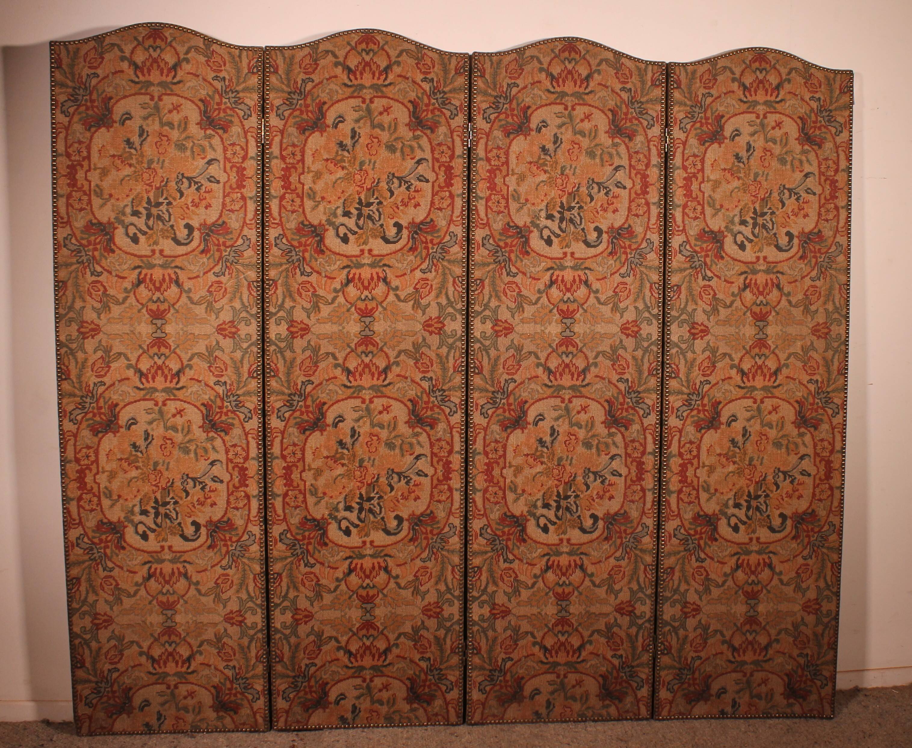 four-panel screen painted on 19th century fabric