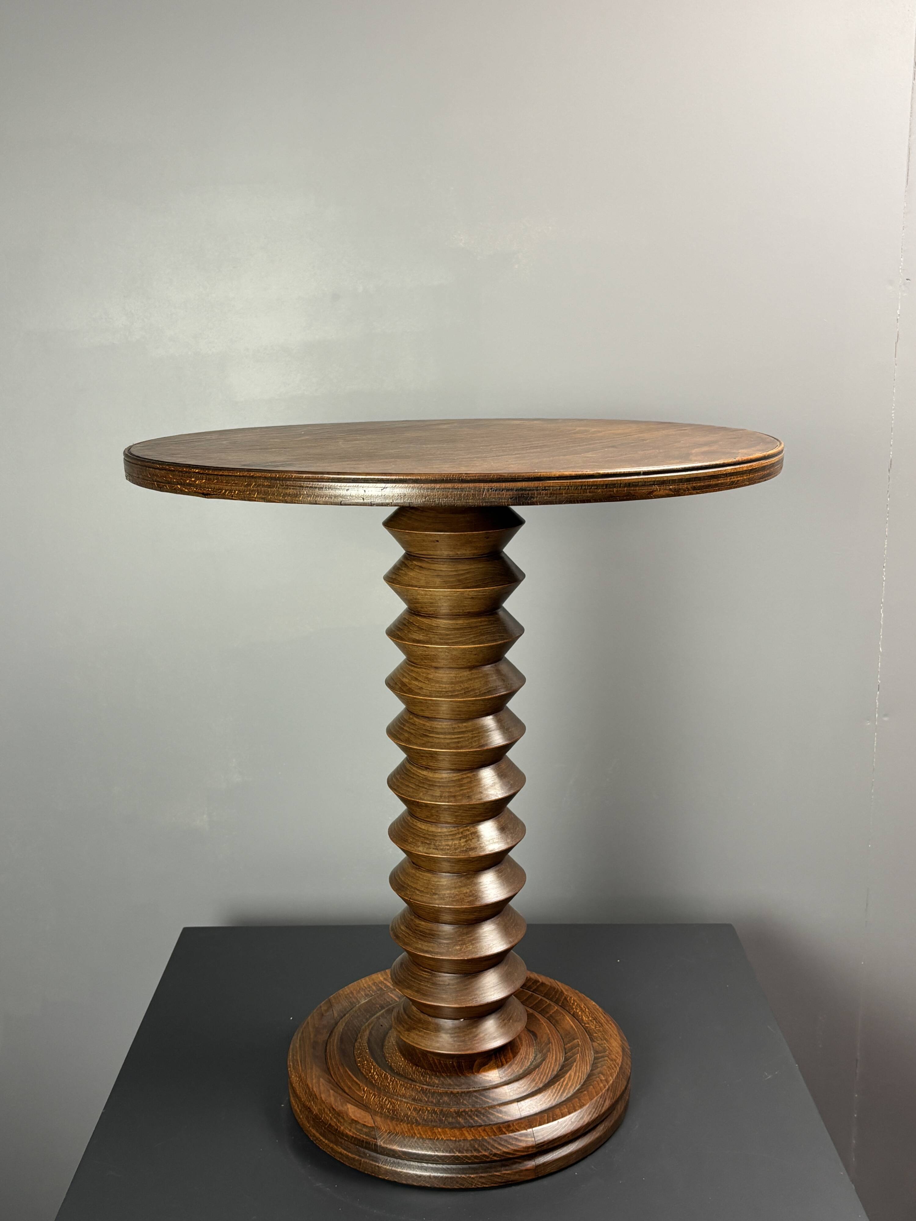 Midcentury brutalist wood turned side table in the style of Charles Dudouyt