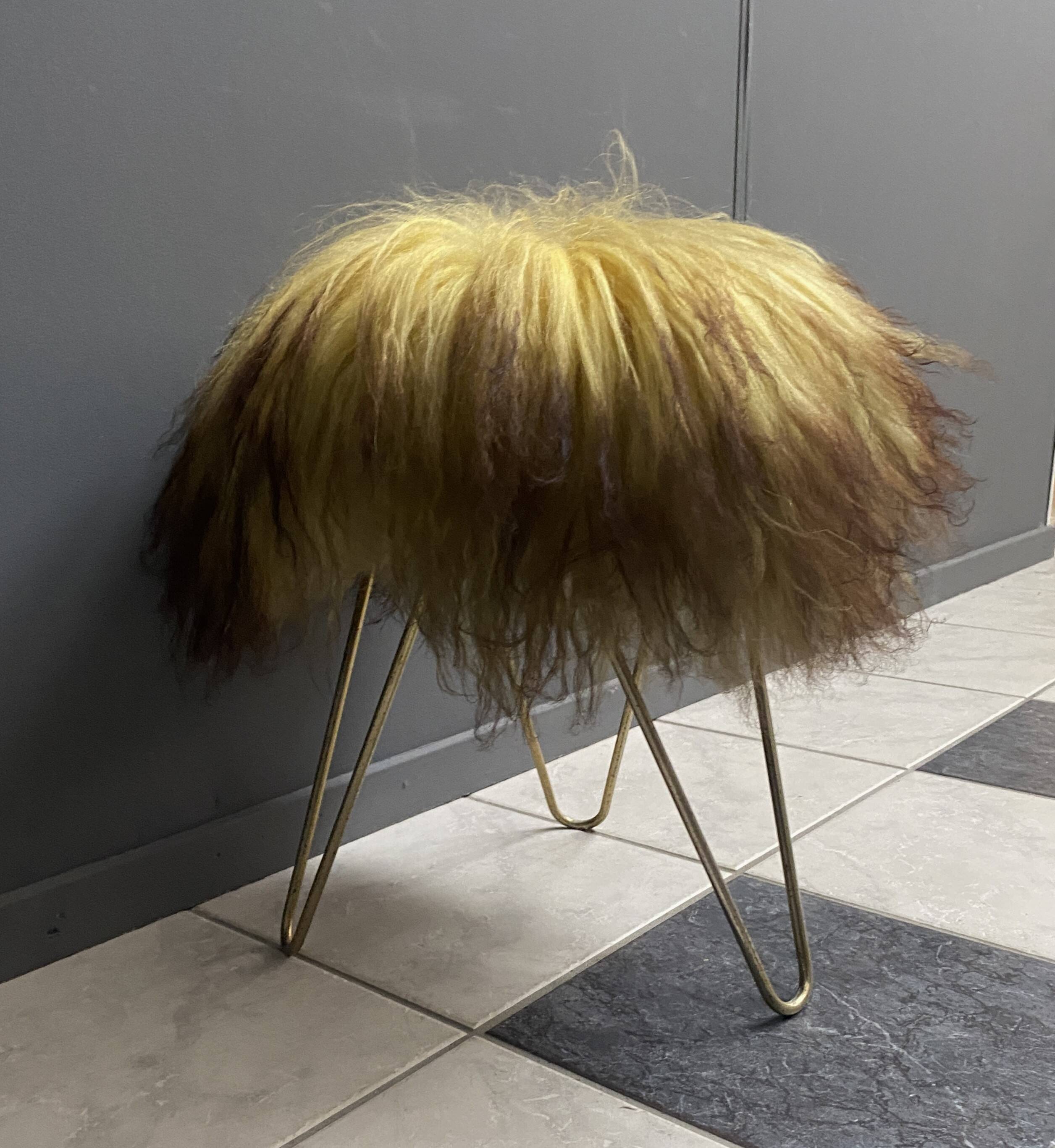 Yellow Angora sheep skin stool 1960s
