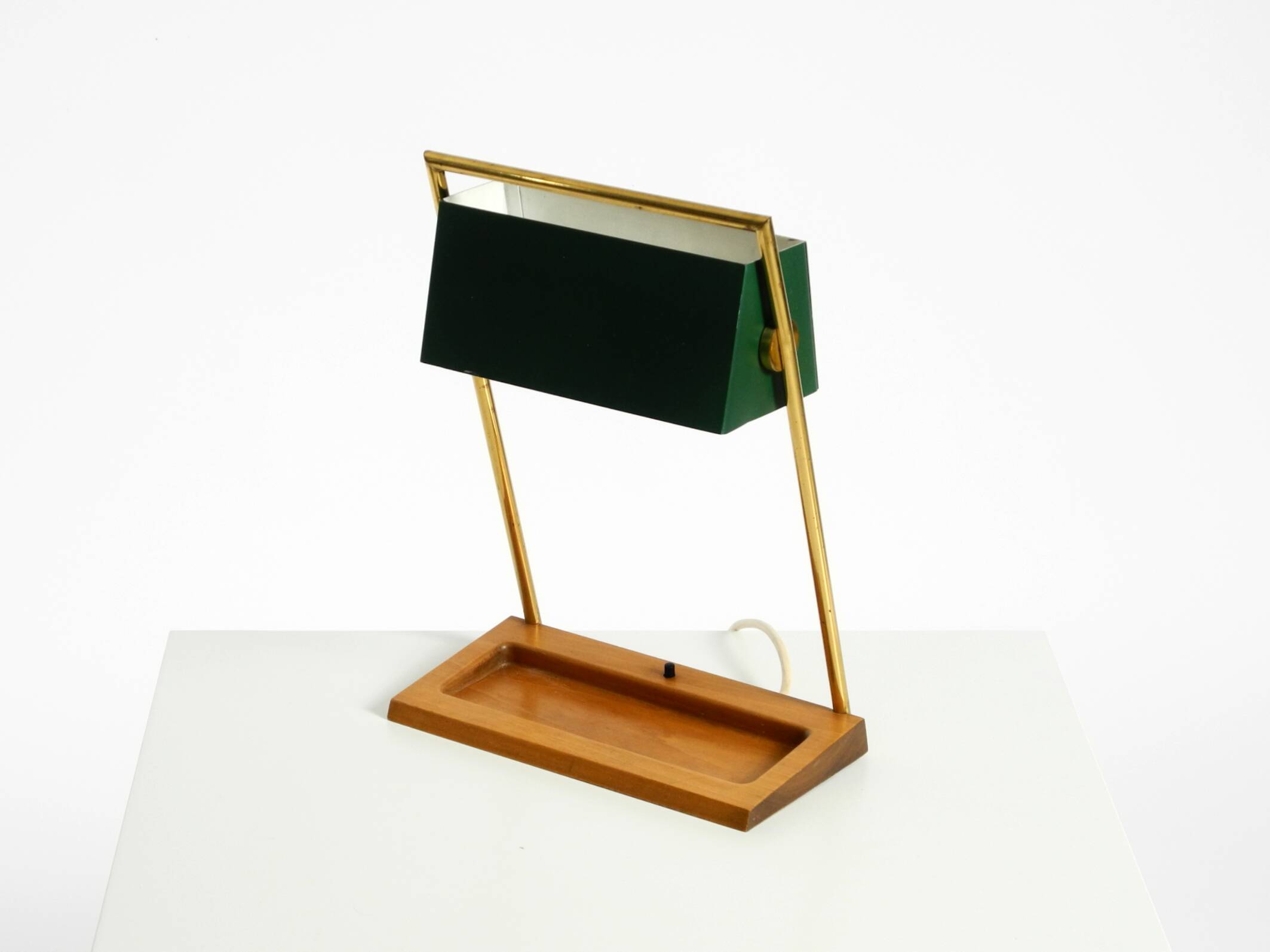1960s Temde table lamp with a brass frame, teak base, and green lampshade