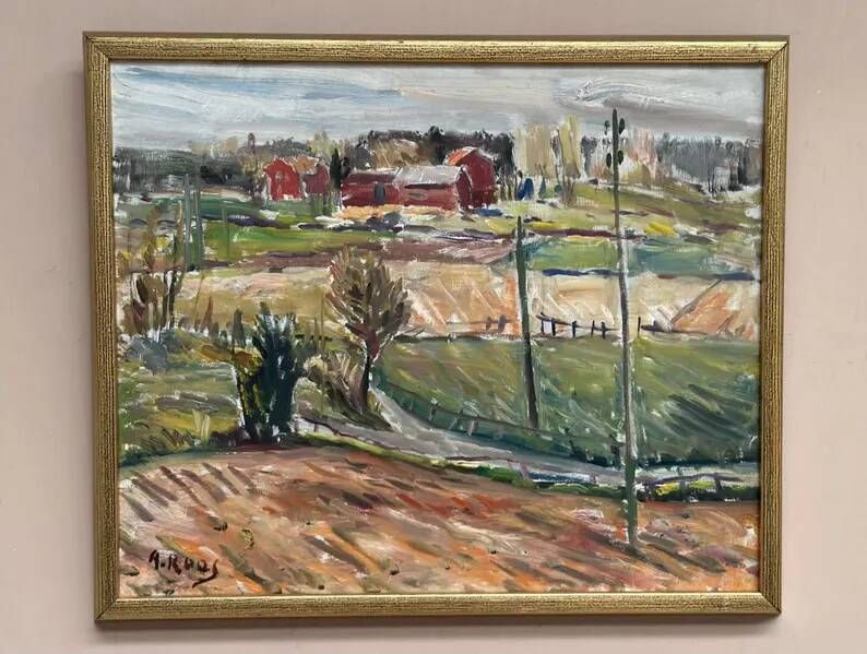 Original Swedish Oil on Panel – “Landscape” by Alexander Roos (1895–1973) – Signed – Vintage & Framed – 48 × 41 cm