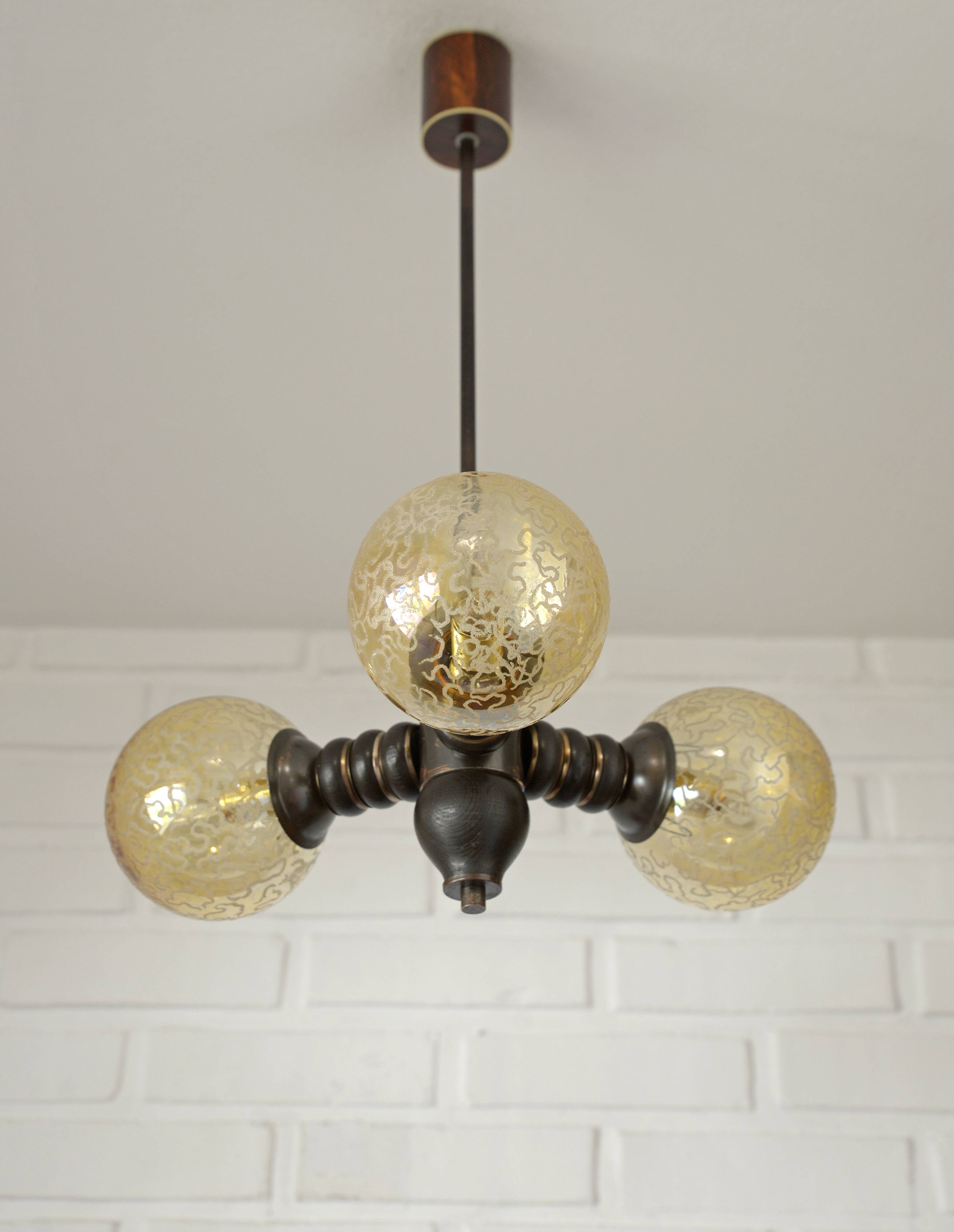 Wooden sputnik vintage pendant lamp / mid-century rustic hanging lamp 1970s