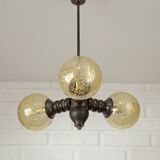 Wooden sputnik vintage pendant lamp / mid-century rustic hanging lamp 1970s