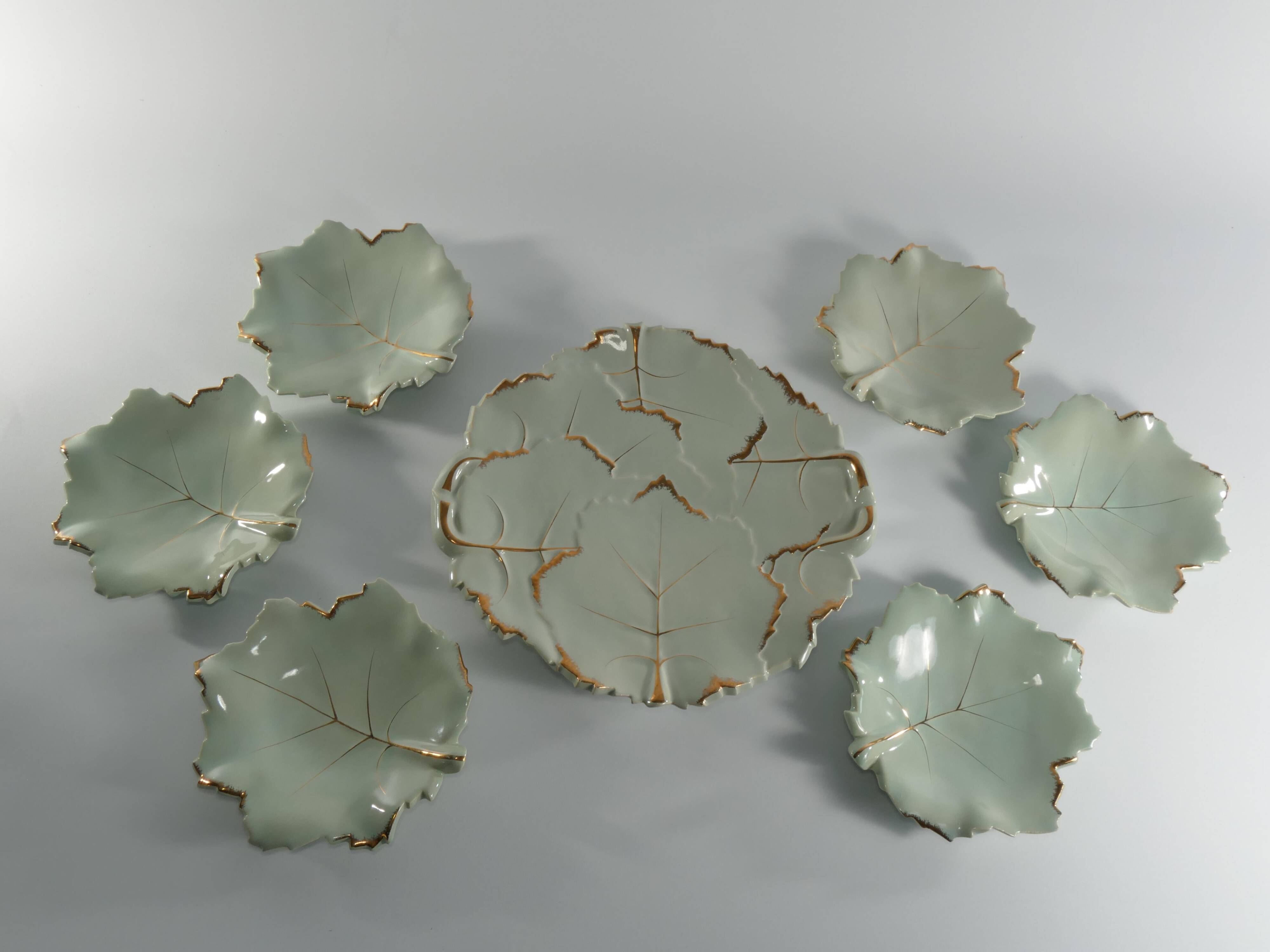 Art Deco Pistachio and Gold Leaf Plates Viloca Paris Caffarelli