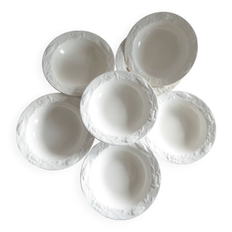Set of 7 small white ceramic soup plates