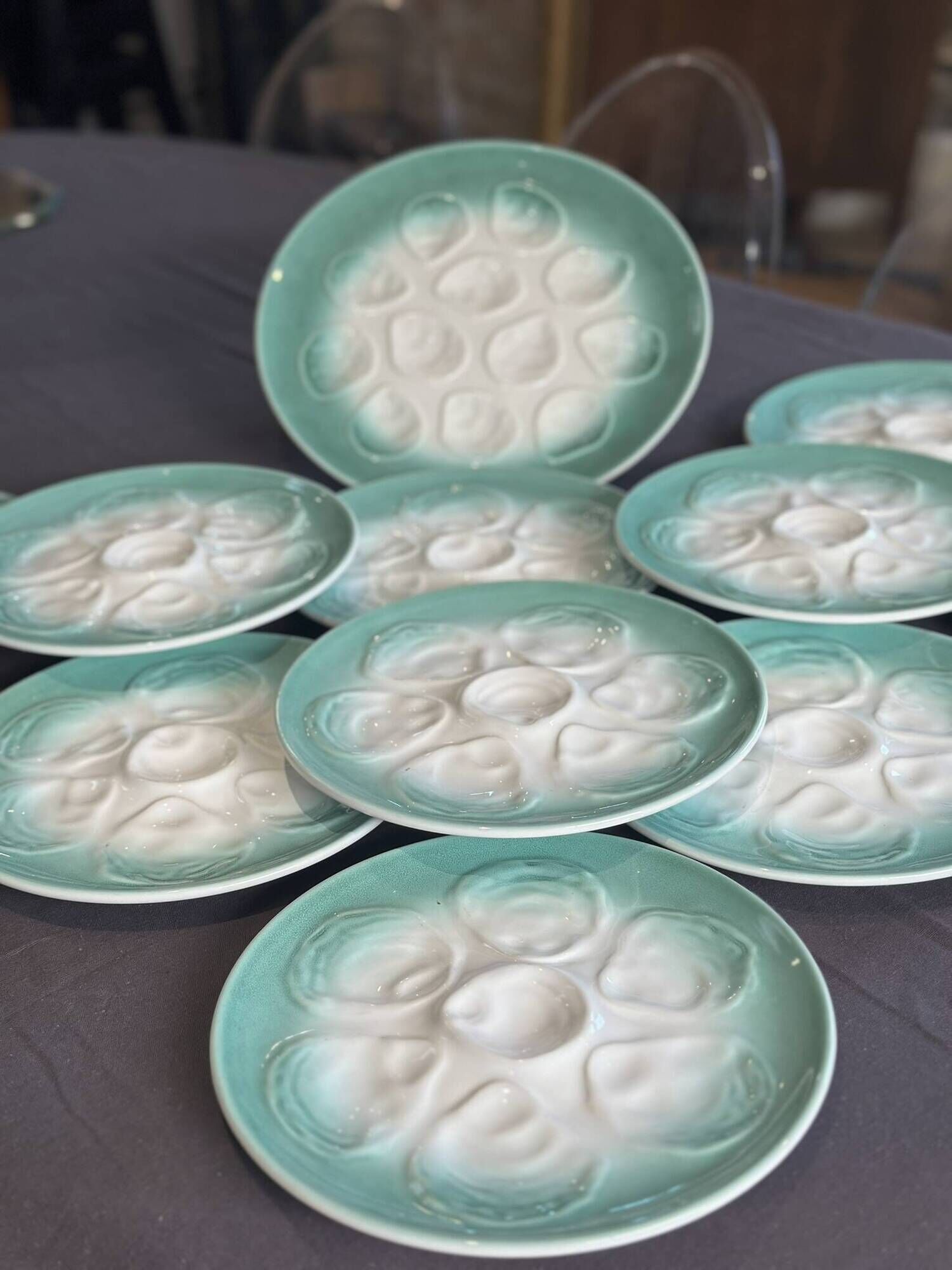 Niderviller sea-green earthenware oyster plates, set of 10 + dish