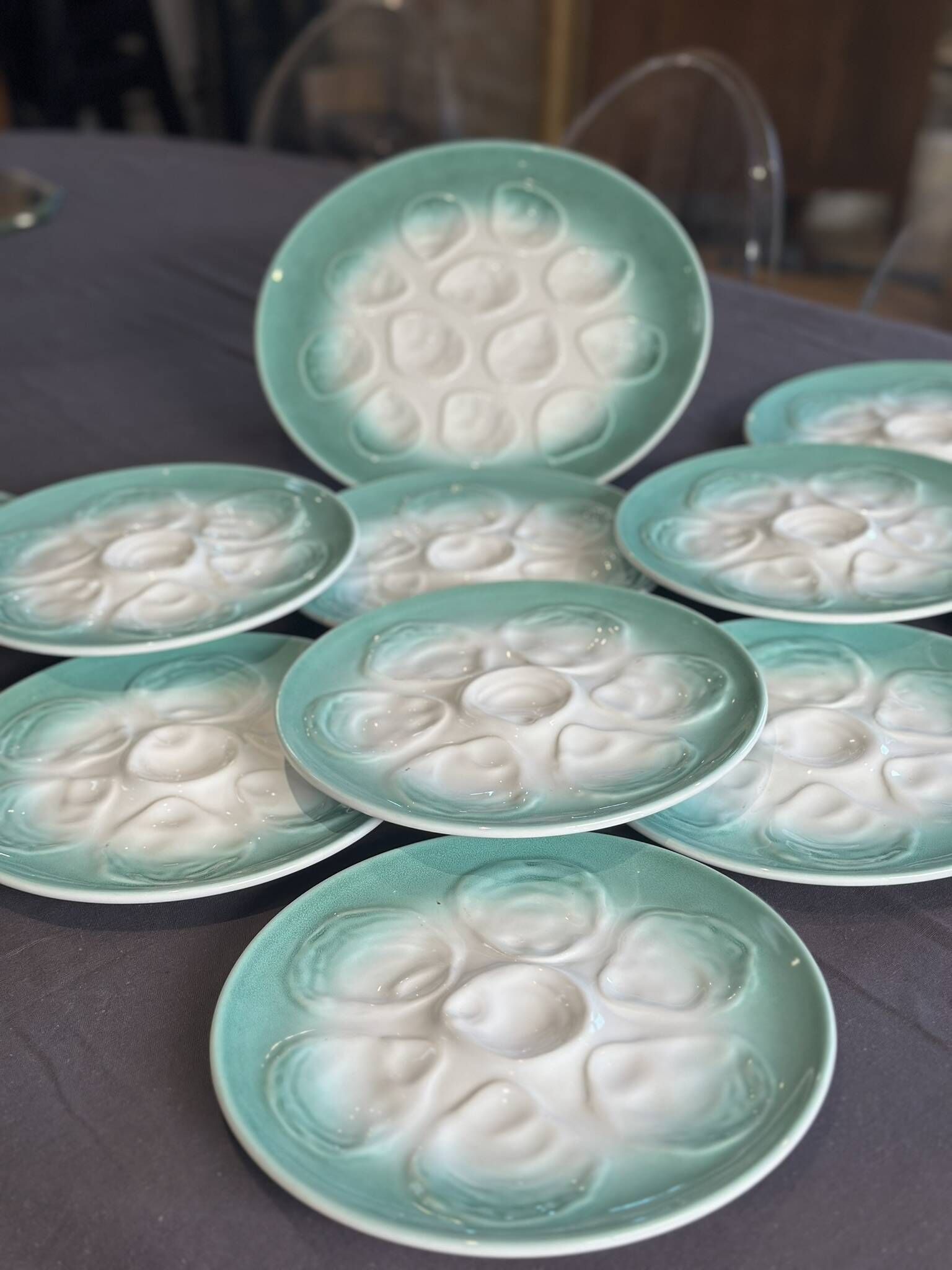 Niderviller sea-green earthenware oyster plates, set of 10 + dish