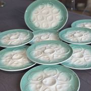 Niderviller sea-green earthenware oyster plates, set of 10 + dish