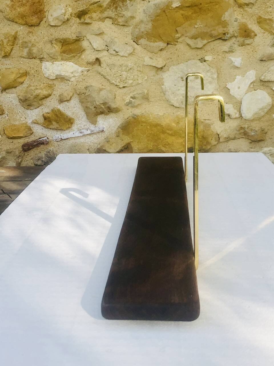 Vintage brass and wood hanging wall shelf