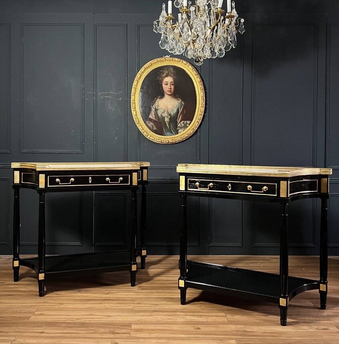 Pair of Louis XVI Style Black Lacquered Wood Console Tables