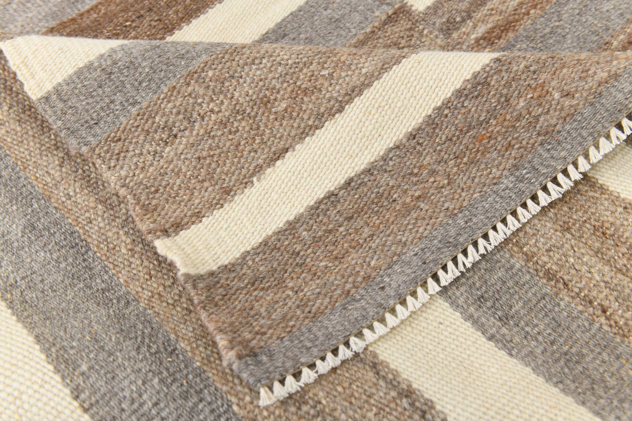 Contemporary Brown & Beige Striped Motifs Vintage Kilim Rug, 226x306Cm