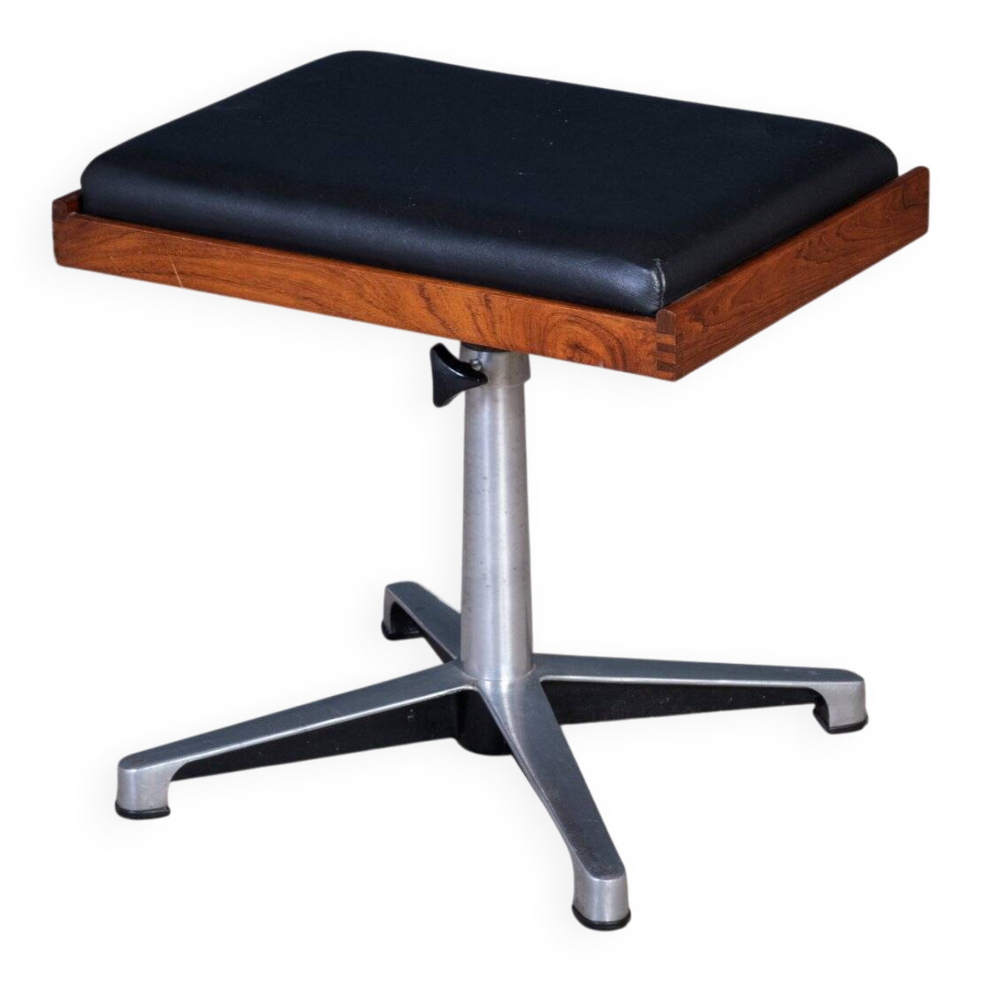 Teak Swivel Stool with Black Leather Seat, 1960s