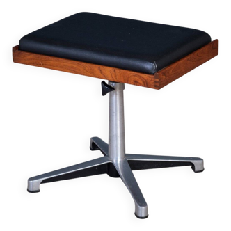 Teak Swivel Stool with Black Leather Seat, 1960s