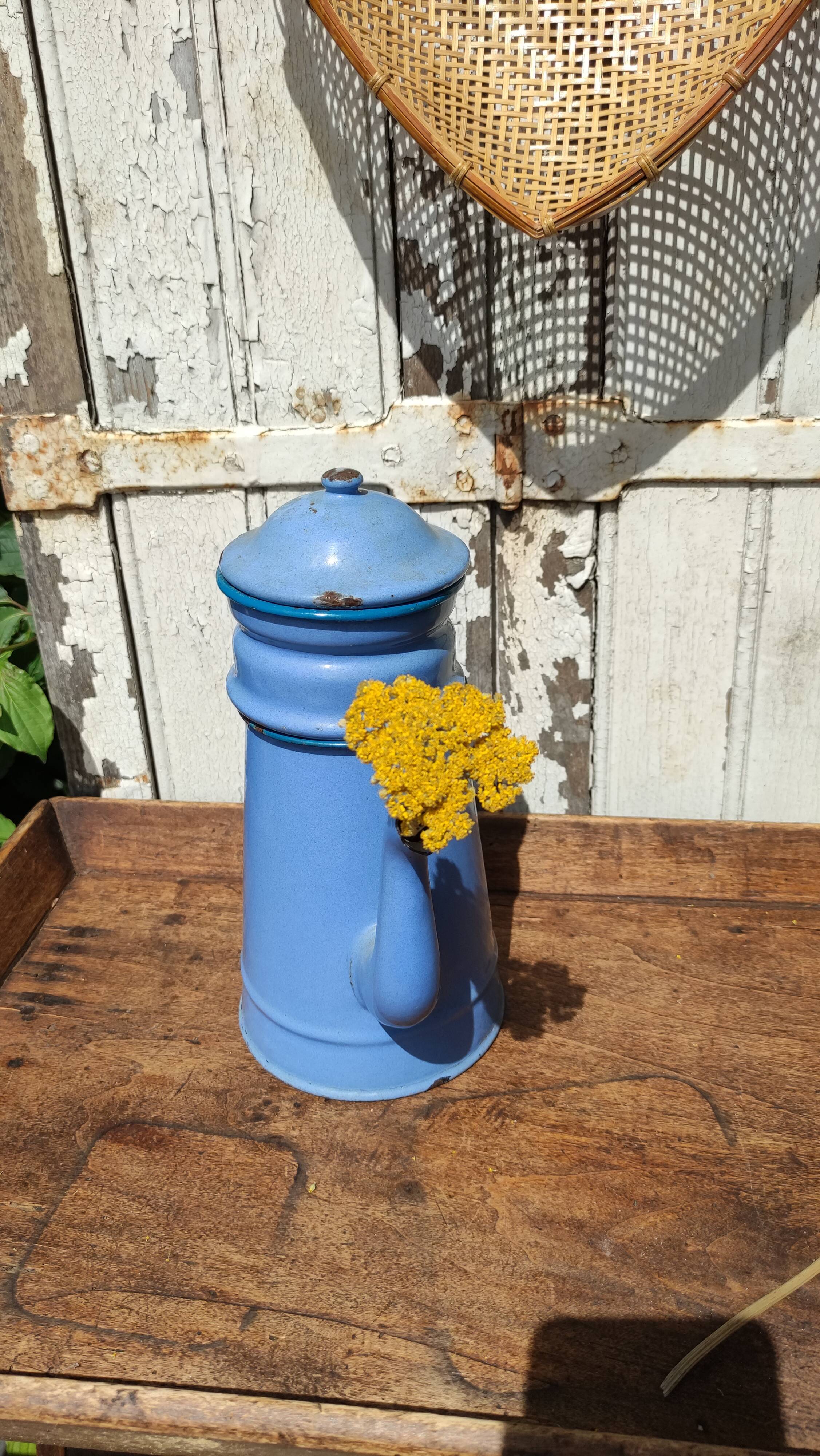 Blue coffee maker in vintage enamelled sheet metal