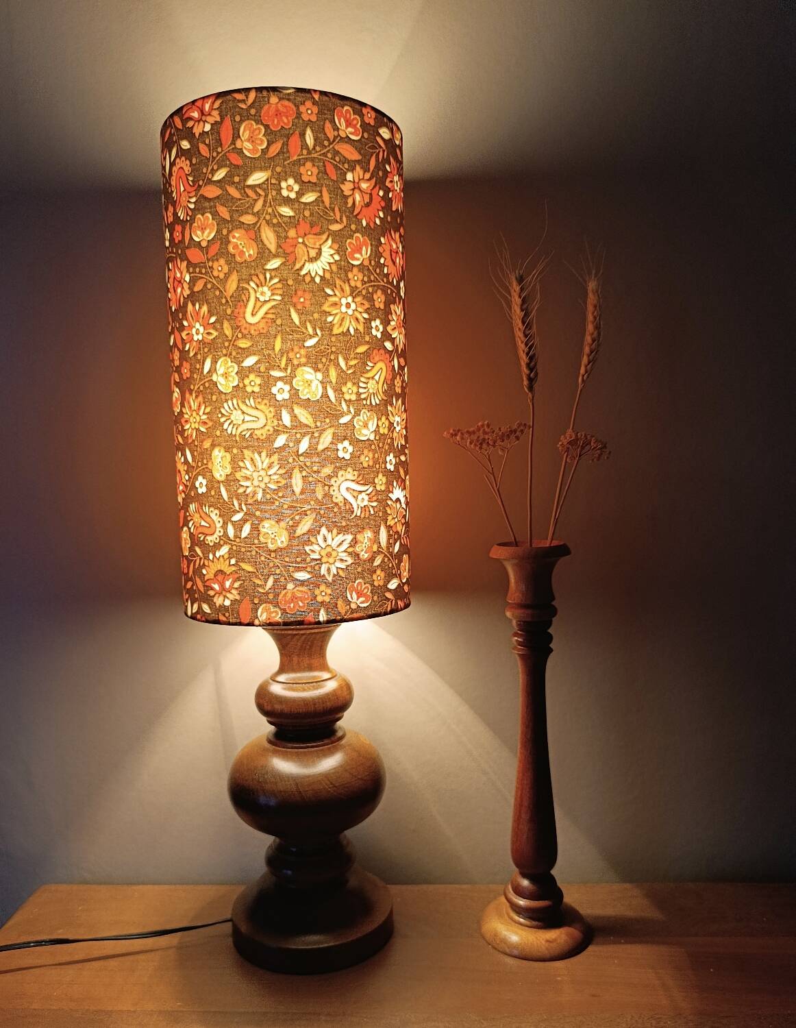 rustic wood lamp, vintage seventies lampshade with floral print