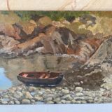 Small painting on masonite representing a fishing boat