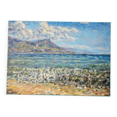 Tableau Huile sur toile - Paysage de mer Cap Ferrat signé STAS Stanislav Dy