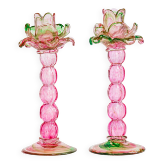 Set of two vintage Murano glass palm tree candle holders