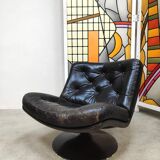 Vintage Dutch design black leather swivel chair Geoffrey Harcourt Artifort