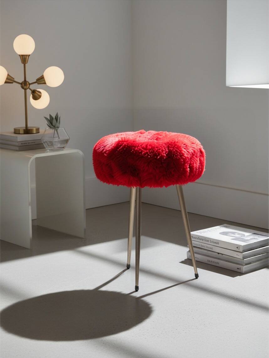 Tabouret tripode vintage "Moumoute" rouge – Pelfran – Années 60