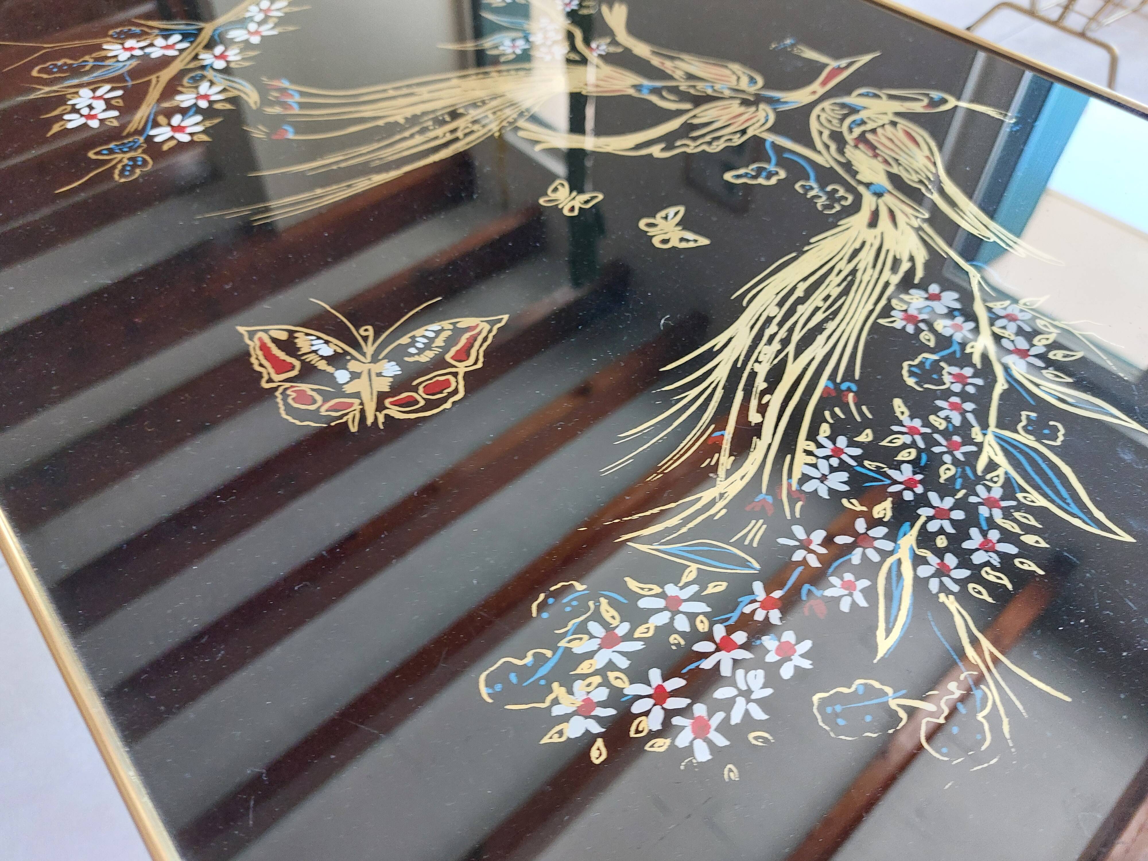 Japanese patterned coffee table, tapered legs and brass, vintage.