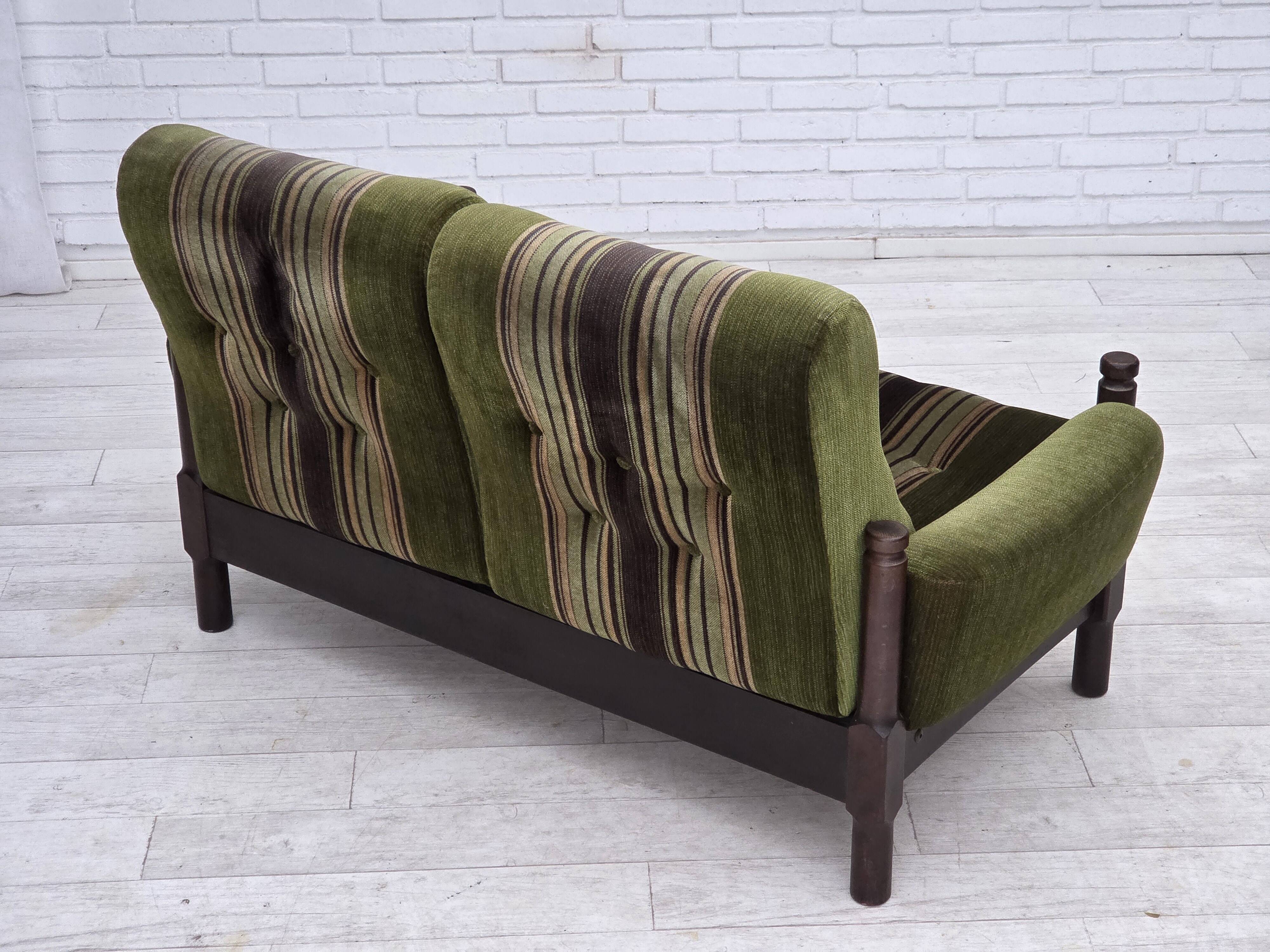 1970s, Scandinavian 2-seater sofa, green furniture velour, beech wood.