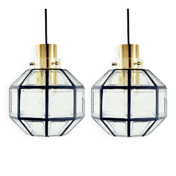 Pair of Mid-Century Glass & Brass Ceiling Lights from Limburg, 1970s