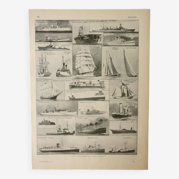 Gravure ancienne 1928, Navire et bateau à voile • Lithographie, Planche originale