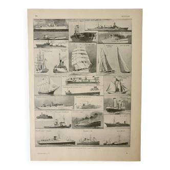 Old engraving 1928, Ship and sailing boat • Lithograph, Original plate