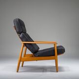 Armchair with Model FD 164 frame by Arne Vodder and Model 118 armrests by Grete Jalk in teak and black leather, Denmark, 1960s