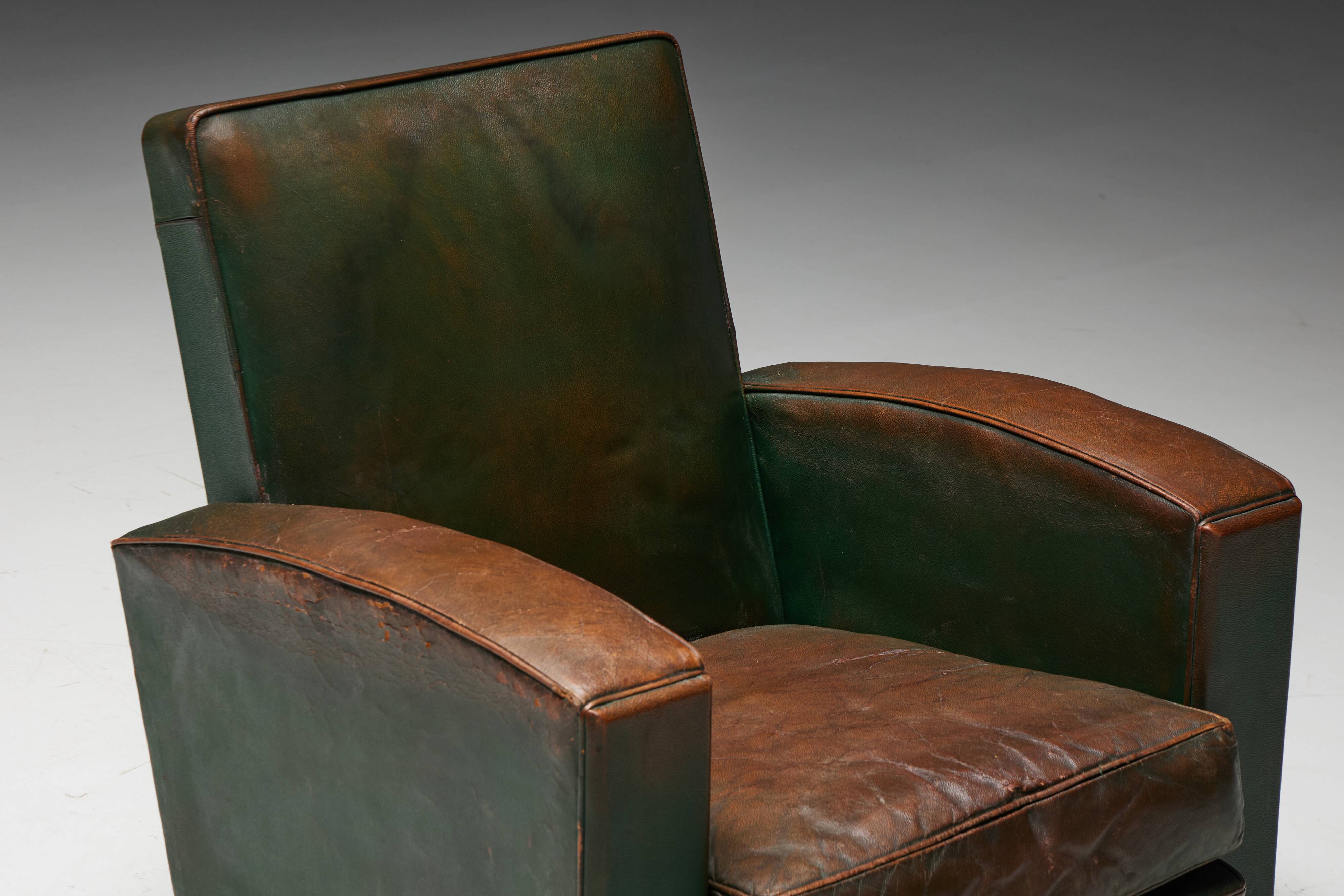 Art Deco Leather Club Chairs, France, 1930s