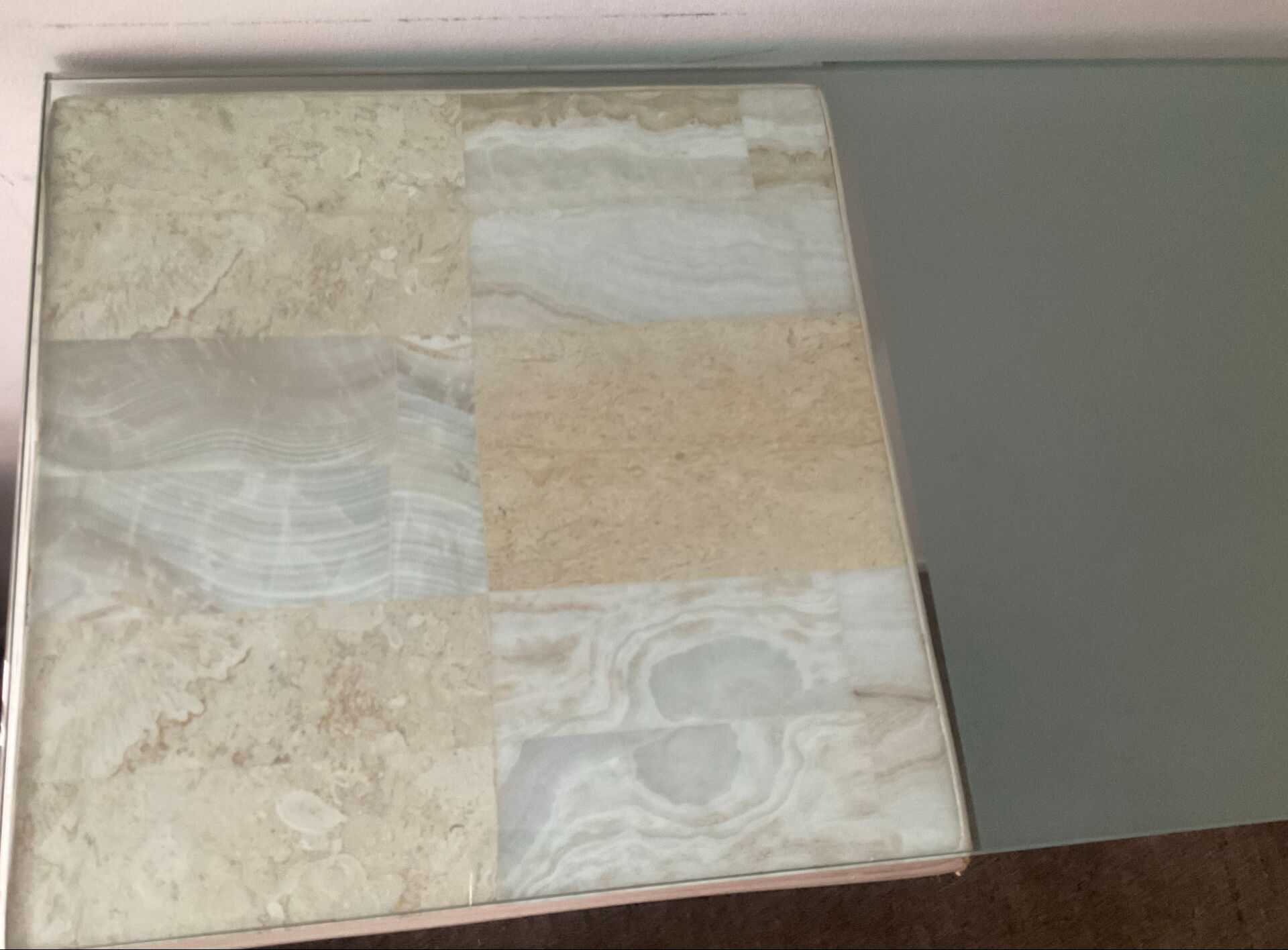 Console vintage en travertin, bois et verre