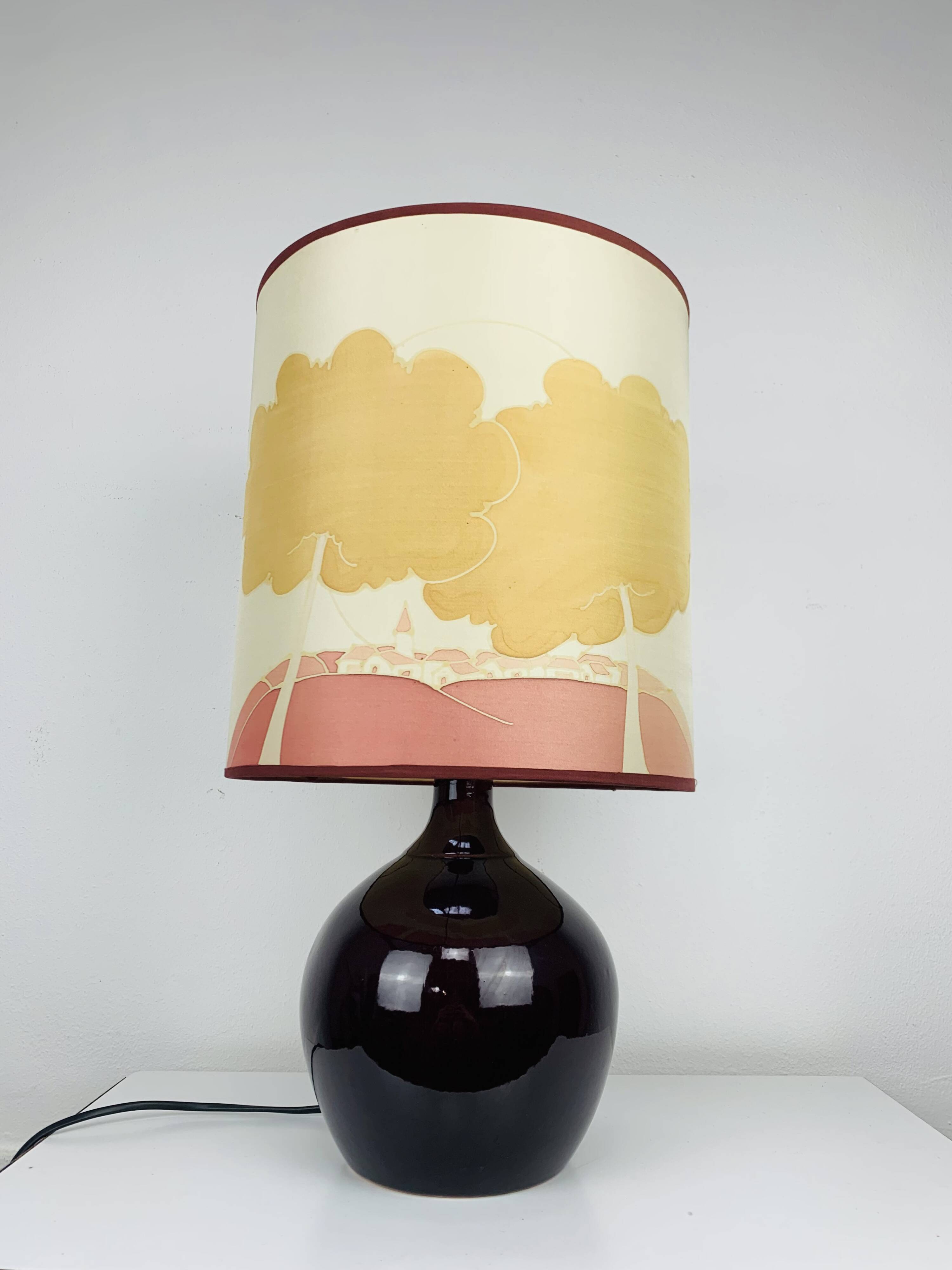 Purple ceramic ball lamp 55 cm from the 60s, silk lampshade