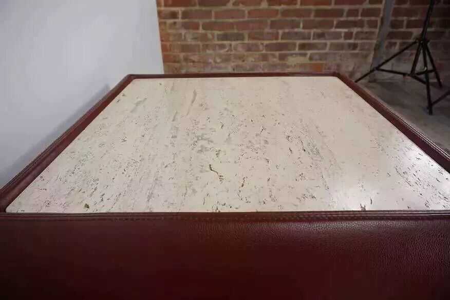 Vintage square travertine and leather coffee table
