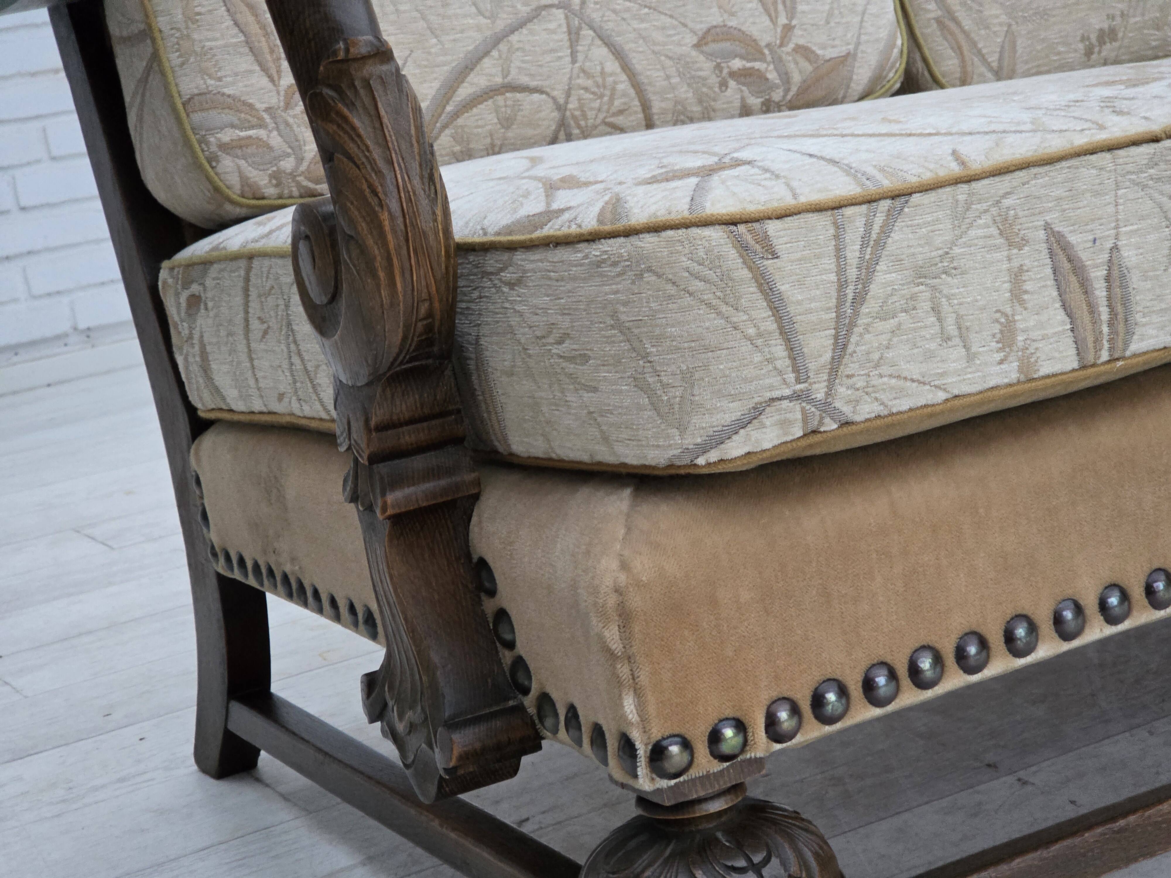 1960s, Danish 3-seater sofa, beige/brown furniture fabric, carved oak wood.