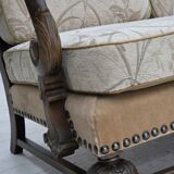 1960s, Danish 3-seater sofa, beige/brown furniture fabric, carved oak wood.