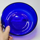 Ancienne jardinière centre de table en métal doré et verre bleu cobalt
