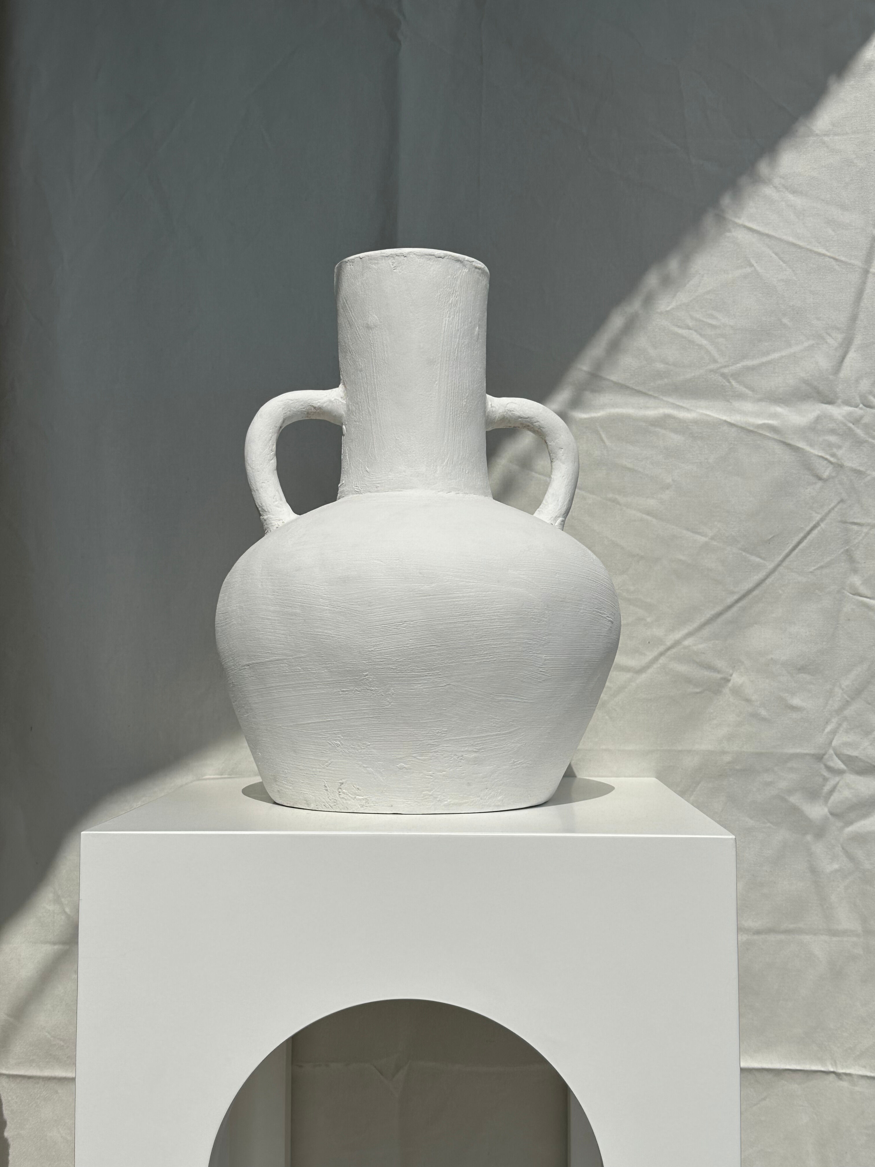 Handcrafted terracotta vase painted white with double handles h:40 d:30
