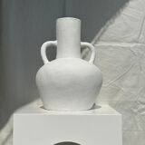 Handcrafted terracotta vase painted white with double handles h:40 d:30