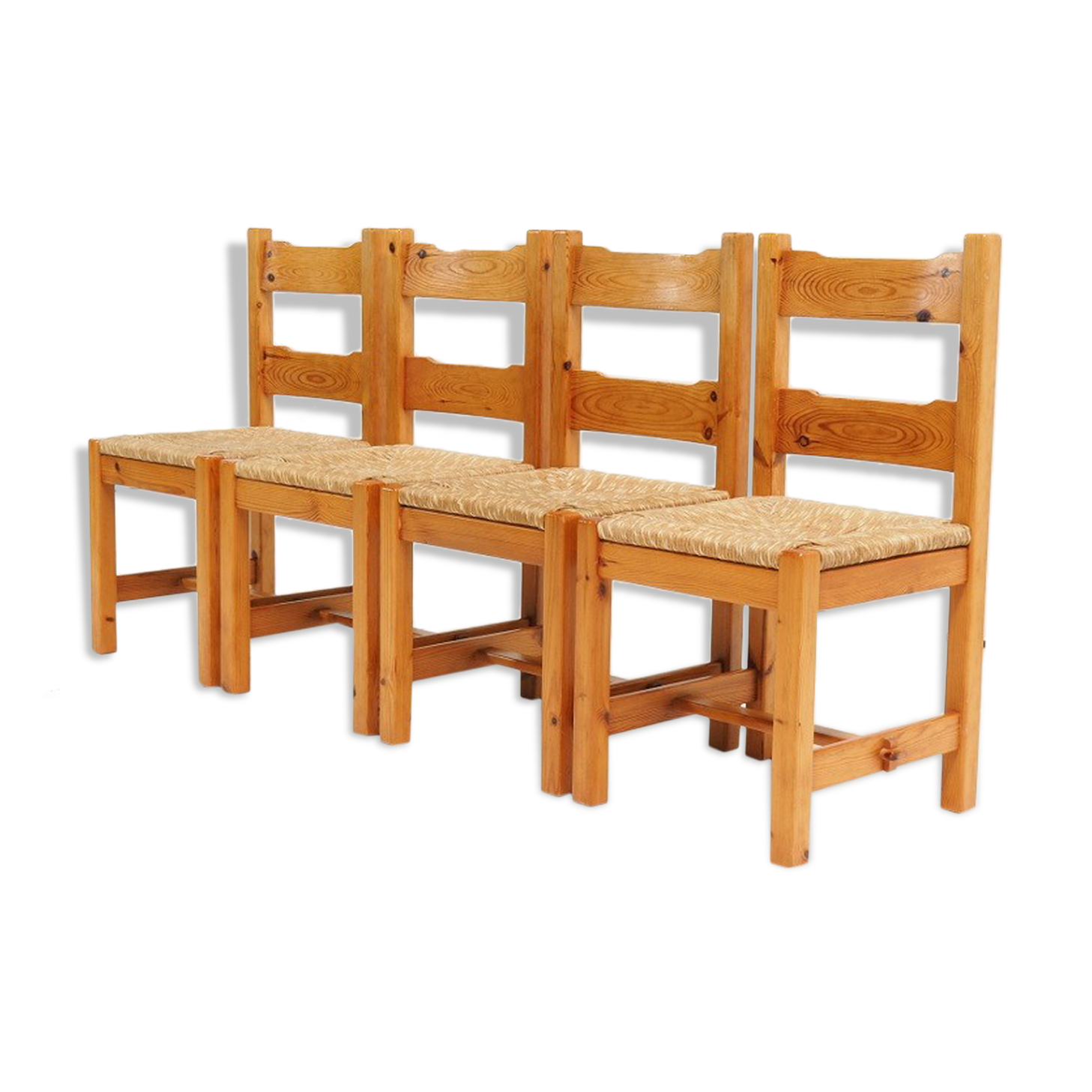 1970’s set of chairs in pine wood with straw seat