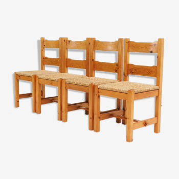 1970’s set of chairs in pine wood with straw seat
