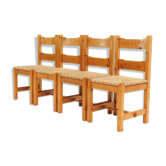 Ensemble de chaises des années 70 en bois de pin avec siège de paille