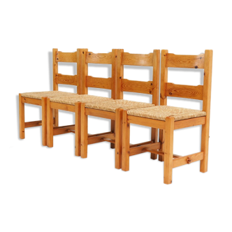 1970’s set of chairs in pine wood with straw seat