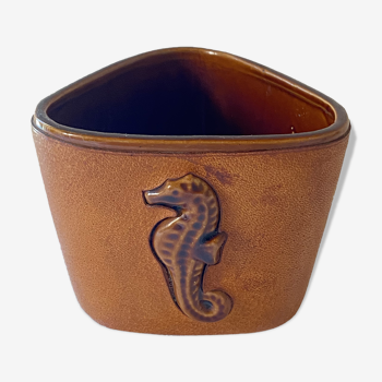 Leather-wrapped earthenware pot decorated with a seahorse