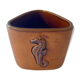 Leather-wrapped earthenware pot decorated with a seahorse