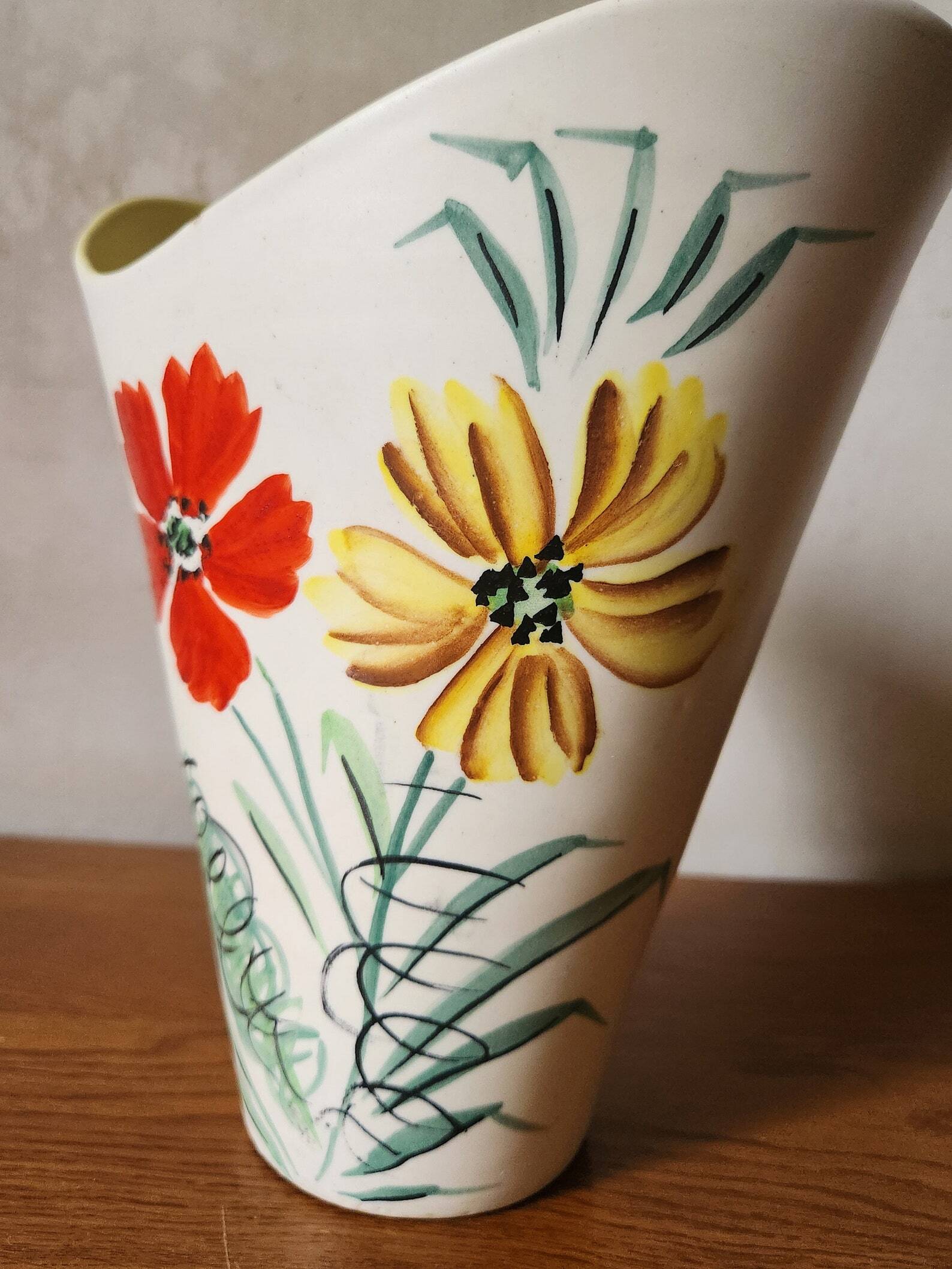 Vintage Vallauris 1960s Studio Art Vase Hand Painted Flowers & Yellow