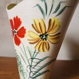 Vintage Vallauris 1960s Studio Art Vase Hand Painted Flowers & Yellow