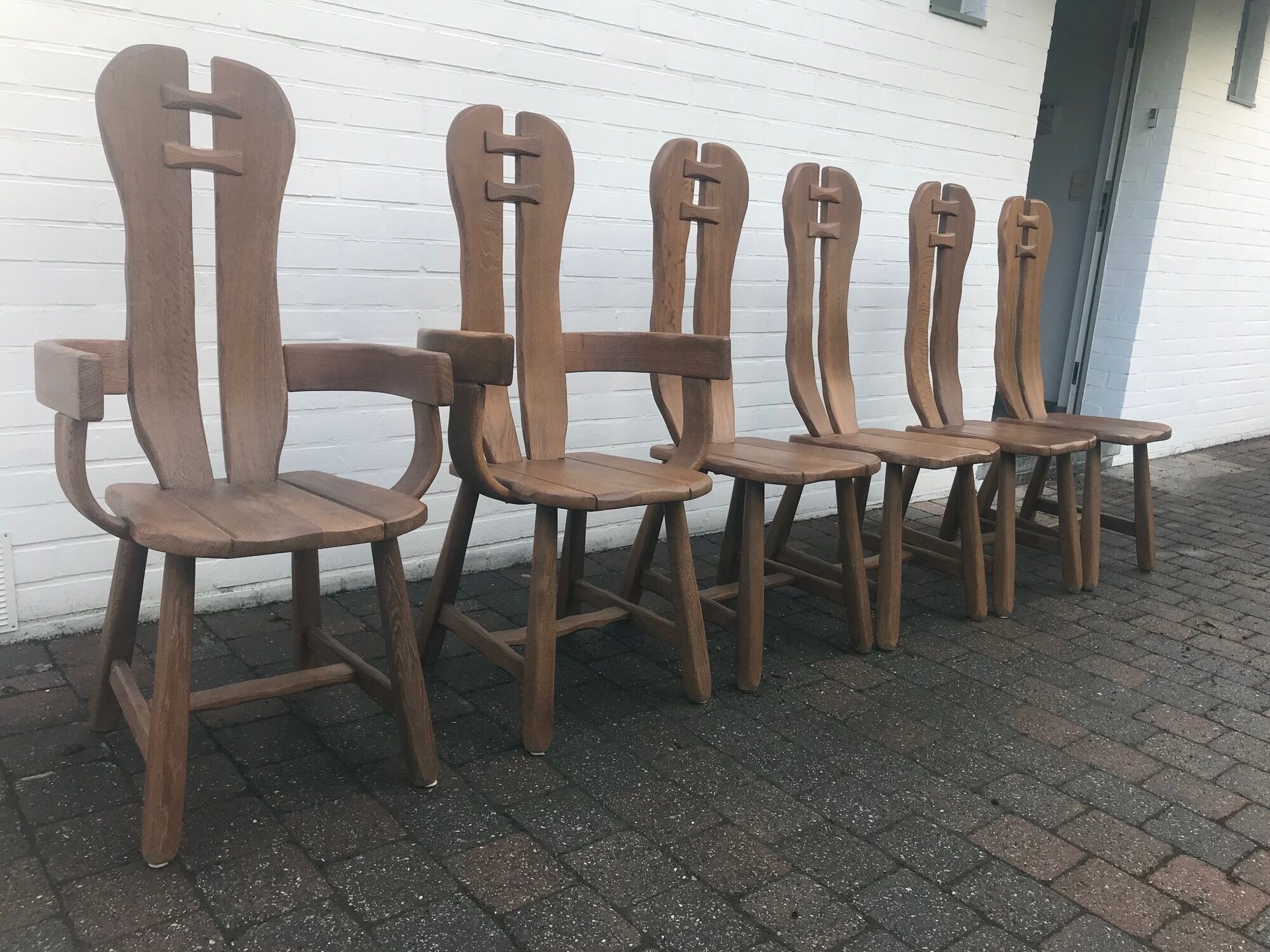 rare set of 6 brutalist chairs in solid oak house De PUYDT 1960 Belgium